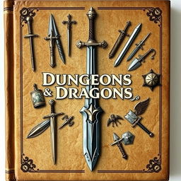 Una carátula de libro cautivadora que describe "Equipo, armaduras, armas y kits de Dungeons and Dragons"