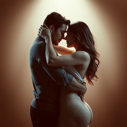 a sensual and intimate scene featuring a couple in a passionate embrace, emphasizing the curves and softness of the woman's body, radiating a sense of warmth and connection