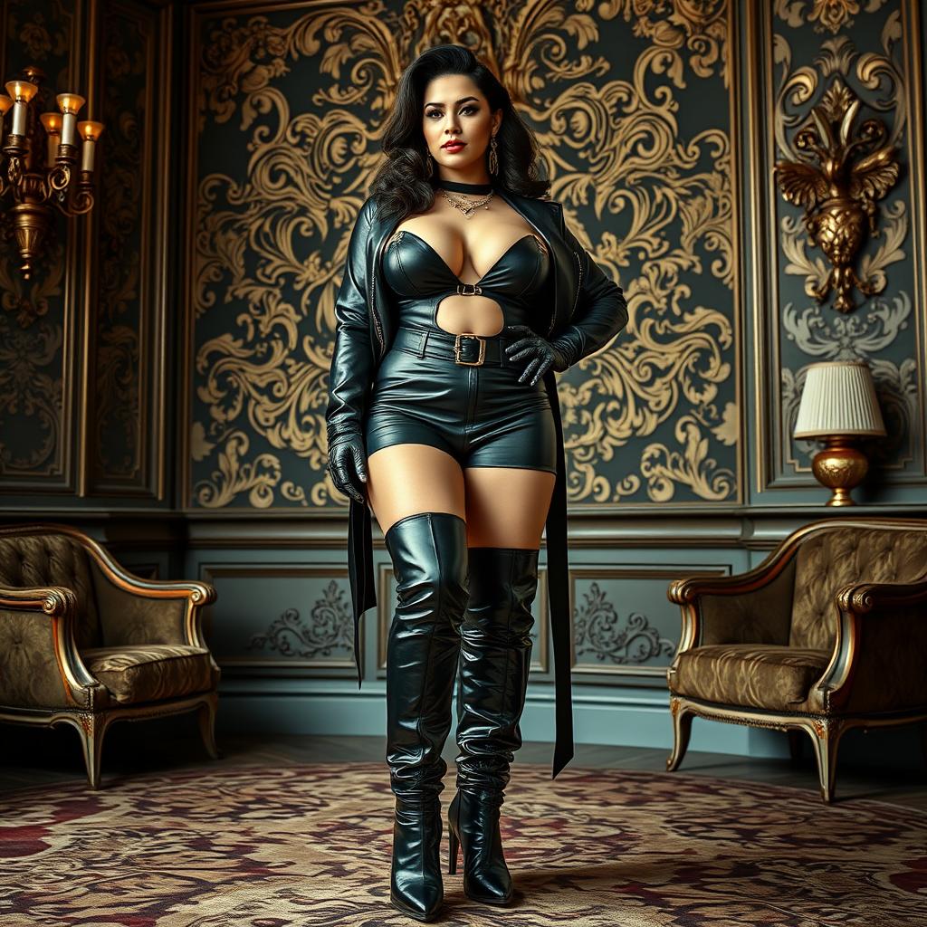 A voluptuous woman with large breasts and big boots, styled in an extravagant and bold fashion