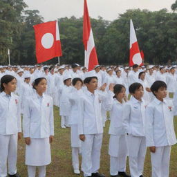 A detailed image of a school flag ceremony in the morning. The Indonesian flag is being neatly hoisted by school students in crisp, white uniforms, while the rest of the students salute the flag in reverence and respect.