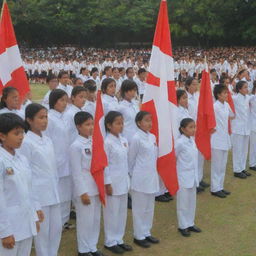 A detailed image of a school flag ceremony in the morning. The Indonesian flag is being neatly hoisted by school students in crisp, white uniforms, while the rest of the students salute the flag in reverence and respect.