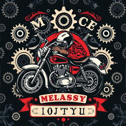 A classic motor-themed clothing design featuring vintage motorcycle elements like intricate gear patterns, chrome accents, and retro style typography
