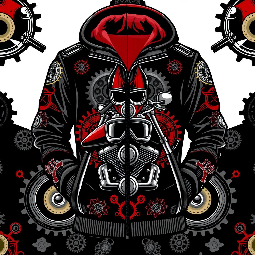 A classic motor-themed clothing design featuring vintage motorcycle elements like intricate gear patterns, chrome accents, and retro style typography