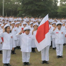 A detailed image of a school flag ceremony in the morning. The Indonesian flag is being neatly hoisted by school students in crisp, white uniforms, while the rest of the students salute the flag in reverence and respect.