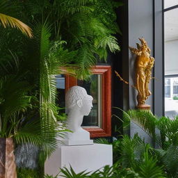 A restaurant interior wall decorated tastefully with numerous elements, including a striking statue. The statue stands out amid framed artworks, mirrors, and enriching green foliage.