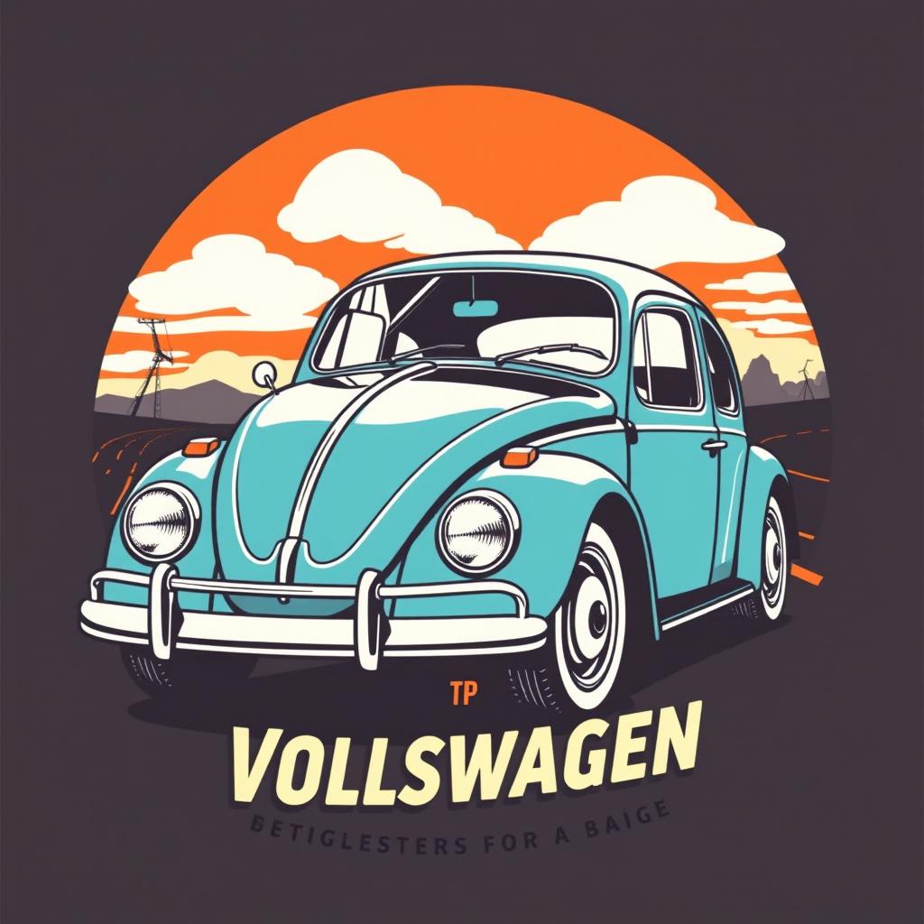 A classic Volkswagen car themed t-shirt design, showcasing a retro VW Beetle with a vintage color scheme