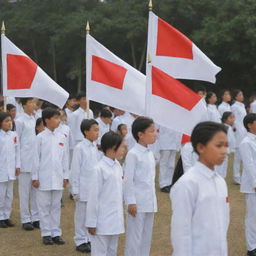 A detailed image of a school flag ceremony in the morning. The Indonesian flag is being neatly hoisted by school students in crisp, white uniforms, while the rest of the students salute the flag in reverence and respect.