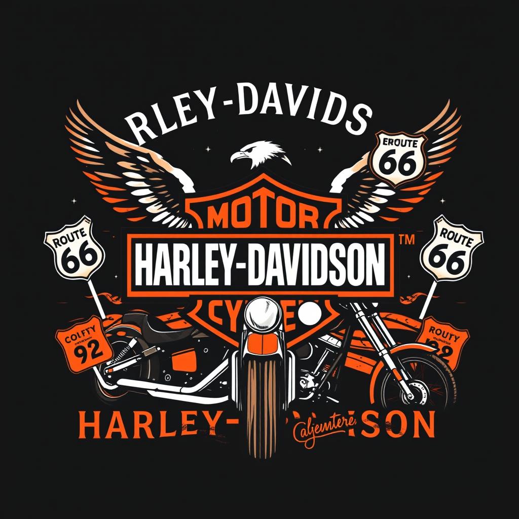 A classic Harley Davidson-themed t-shirt design featuring iconic elements such as the Harley Davidson logo, vintage motorcycles, and classic American imagery like eagles or Route 66 signs