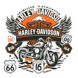 A classic Harley Davidson-themed t-shirt design featuring iconic elements such as the Harley Davidson logo, vintage motorcycles, and classic American imagery like eagles or Route 66 signs