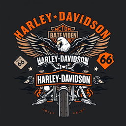 A classic Harley Davidson-themed t-shirt design featuring iconic elements such as the Harley Davidson logo, vintage motorcycles, and classic American imagery like eagles or Route 66 signs