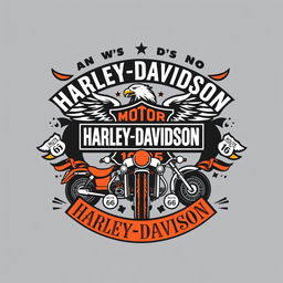 A classic Harley Davidson-themed t-shirt design featuring iconic elements such as the Harley Davidson logo, vintage motorcycles, and classic American imagery like eagles or Route 66 signs