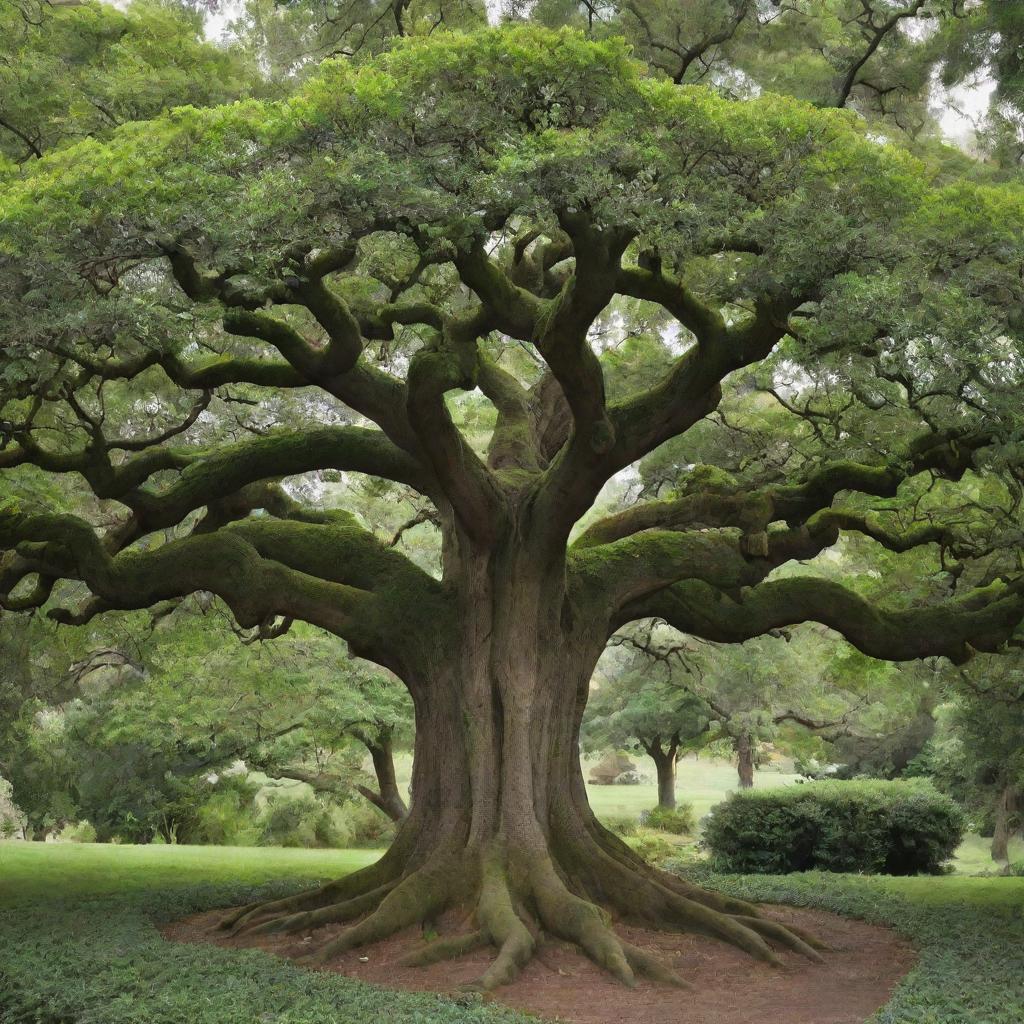 A magnificent tree, with thick branches forming the shape of the Libra zodiac sign symbol. The foliage is dense and rich, while the trunk is robust.