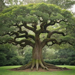 A magnificent tree, with thick branches forming the shape of the Libra zodiac sign symbol. The foliage is dense and rich, while the trunk is robust.