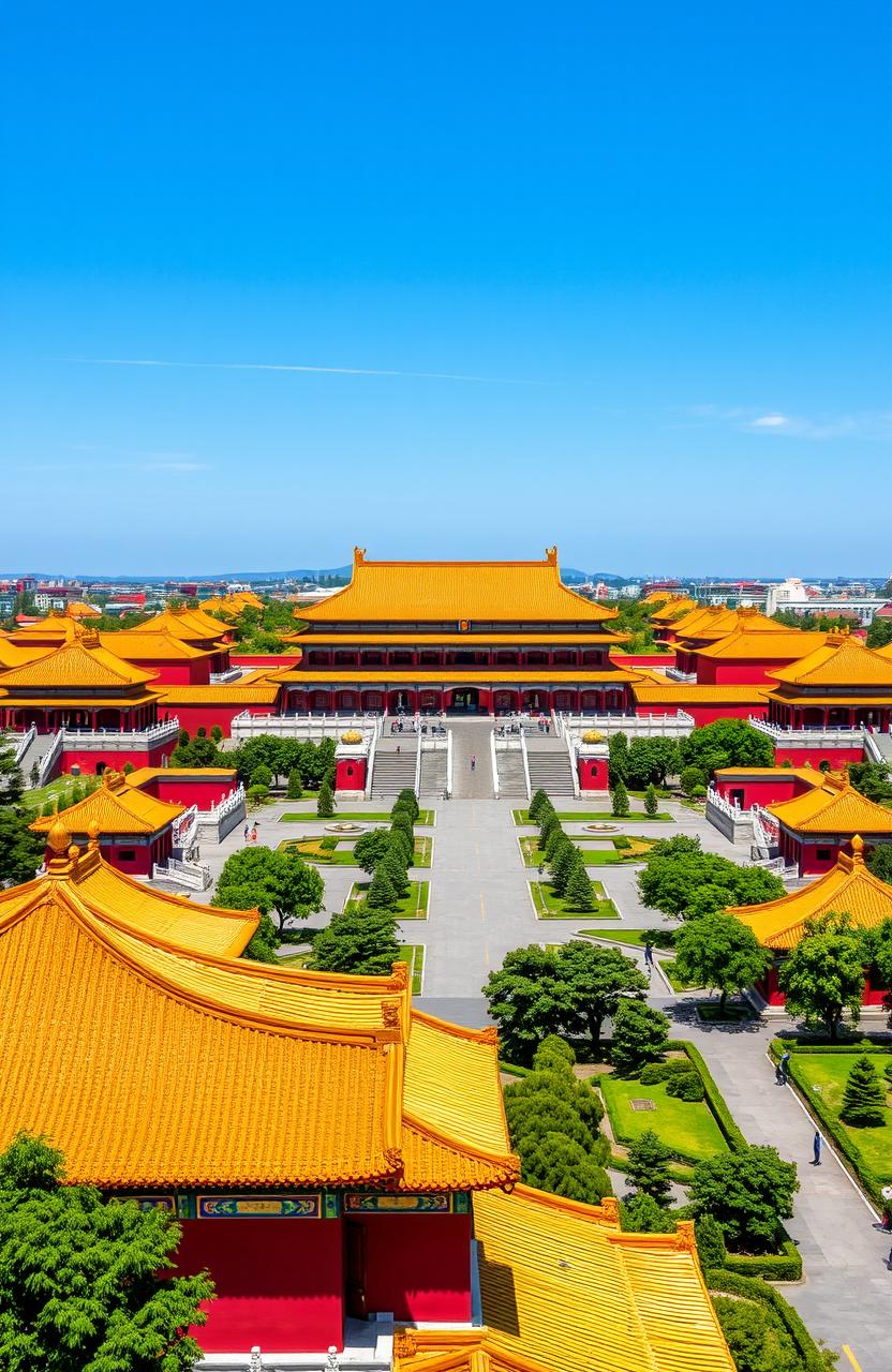 A majestic view of the Forbidden City in Beijing, showcasing the sprawling complex of ancient Chinese palatial architecture