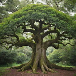 A magnificent tree, with thick branches forming the shape of the Libra zodiac sign symbol. The foliage is dense and rich, while the trunk is robust.