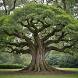 A magnificent tree, with thick branches forming the shape of the Libra zodiac sign symbol. The foliage is dense and rich, while the trunk is robust.