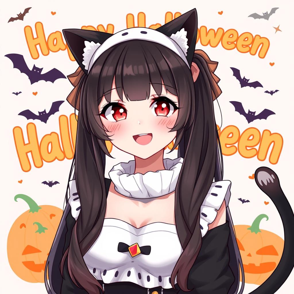 A woman with long black twintails, dressed in a neko catgirl costume with adorable cat ears and a tail