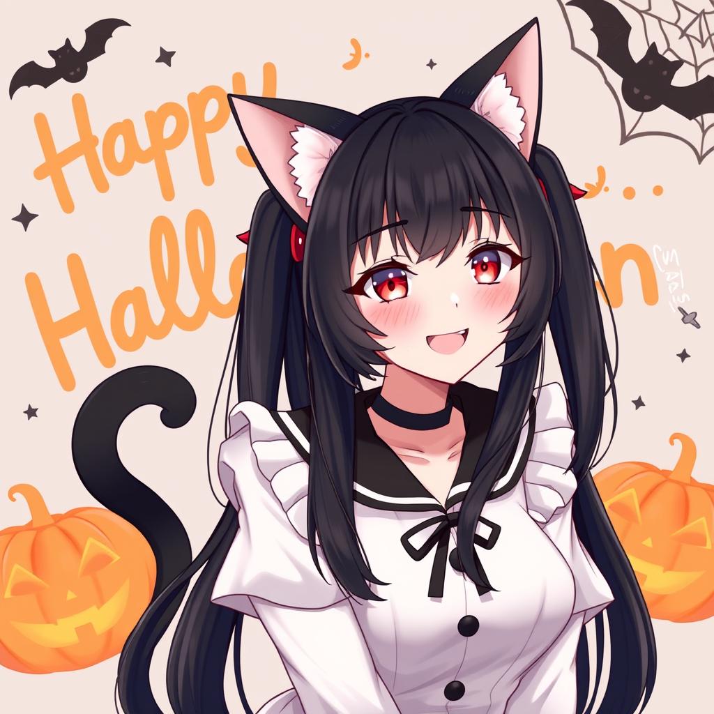 A woman with long black twintails, dressed in a neko catgirl costume with adorable cat ears and a tail