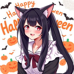 A woman with long black twintails, dressed in a neko catgirl costume with adorable cat ears and a tail