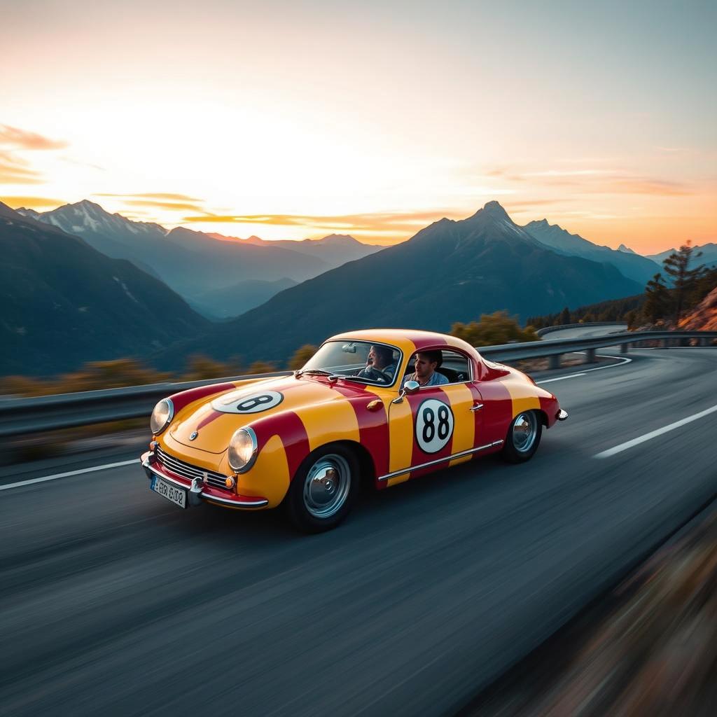 A striking and sleek sports car racing down a winding mountain road at sunset