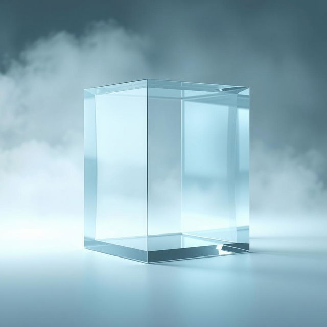 A transparent glass cube with a misty fog in the background, rendered in high resolution