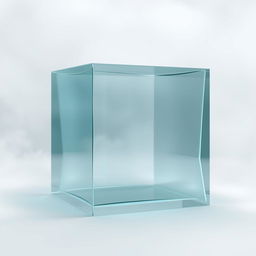 A transparent glass cube with a misty fog in the background, rendered in high resolution