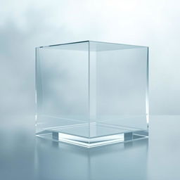 A transparent glass cube with a misty fog in the background, rendered in high resolution