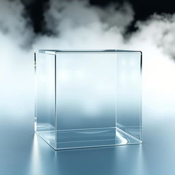 A transparent glass cube with a misty fog in the background, rendered in high resolution