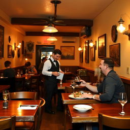 A quaint and cozy small restaurant, with warm ambient lighting, wooden tables and chairs, rustic decor on the walls, an inviting atmosphere, a friendly waiter serving a deliciously presented meal, background chatter and clinking of glasses, a couple enjoying their dinner with smiles