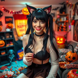 A woman with long black twintails and red eyes celebrating Halloween at home