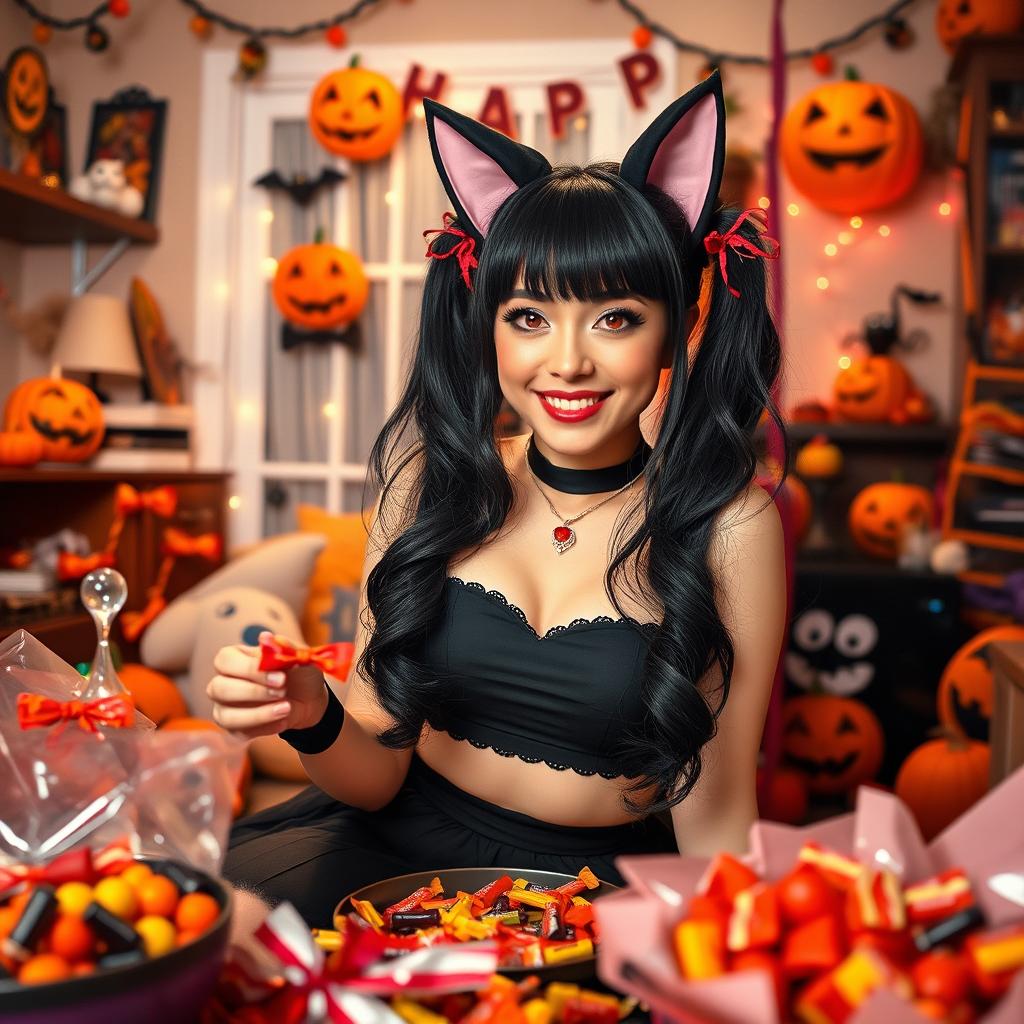 A woman with long black twintails and red eyes celebrating Halloween at home