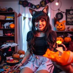 A woman with long black twintails and red eyes celebrating Halloween at home