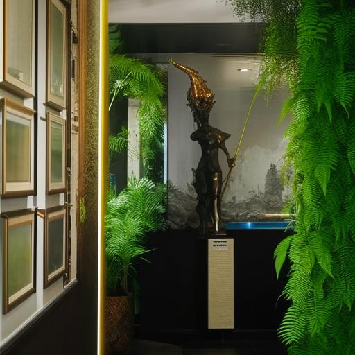 A restaurant interior wall decorated tastefully with numerous elements, including a striking statue. The statue stands out amid framed artworks, mirrors, and enriching green foliage.