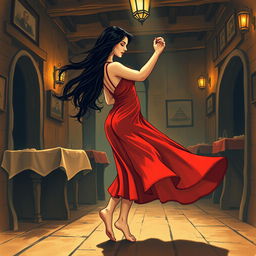 A Spanish dancer gracefully dancing in an old tavern