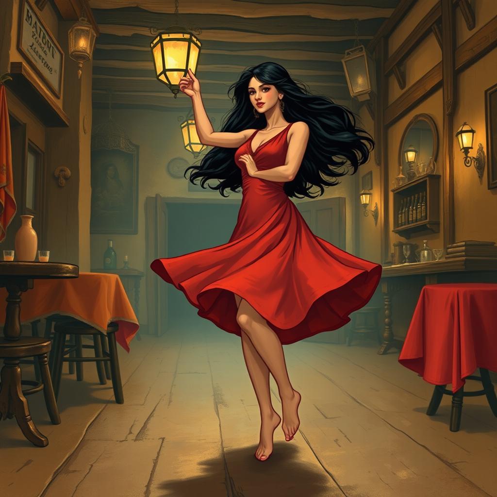 A Spanish dancer gracefully dancing in an old tavern