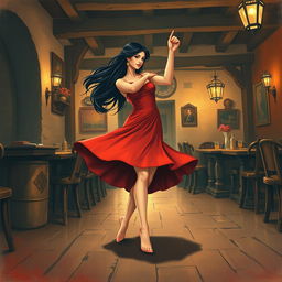 A Spanish dancer gracefully dancing in an old tavern