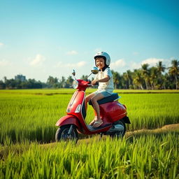 A young child riding a Vespa scooter alone on the edge of a rice paddy field