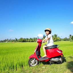 A young child riding a Vespa scooter alone on the edge of a rice paddy field