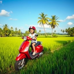 A young child riding a Vespa scooter alone on the edge of a rice paddy field