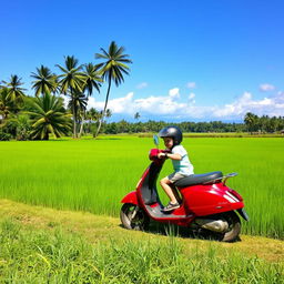 A young child riding a Vespa scooter alone on the edge of a rice paddy field