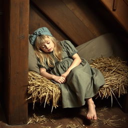 A vintage photograph of a young maid asleep on a straw bed in the under-stairs area of a tavern