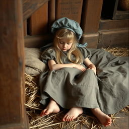 A vintage photograph of a young maid asleep on a straw bed in the under-stairs area of a tavern