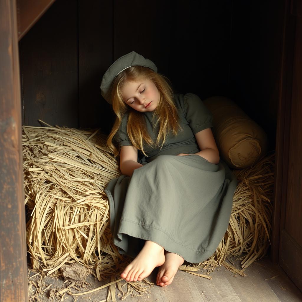 A vintage photograph of a young maid asleep on a straw bed in the under-stairs area of a tavern