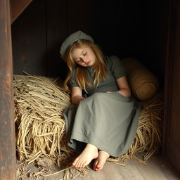 A vintage photograph of a young maid asleep on a straw bed in the under-stairs area of a tavern