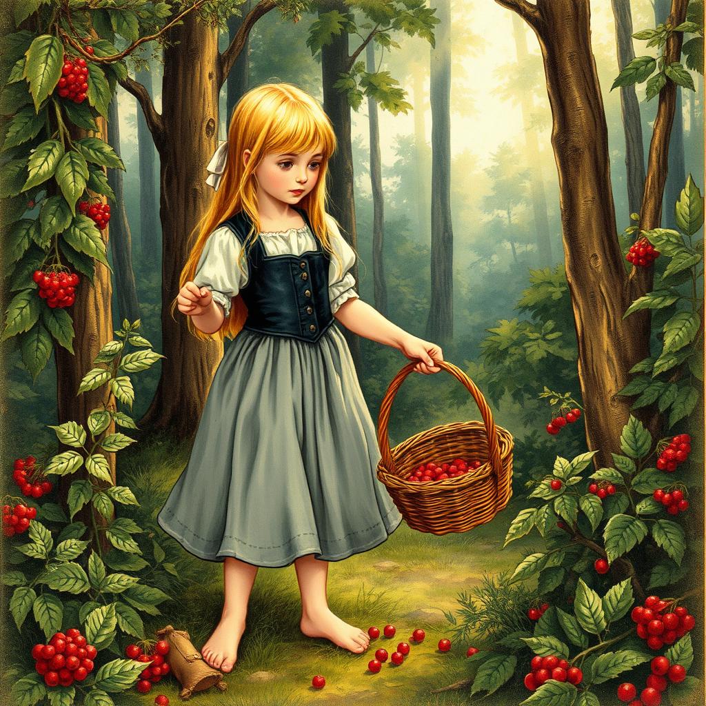 A vintage book illustration depicting a young peasant girl collecting berries in the forest