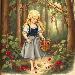 A vintage book illustration depicting a young peasant girl collecting berries in the forest