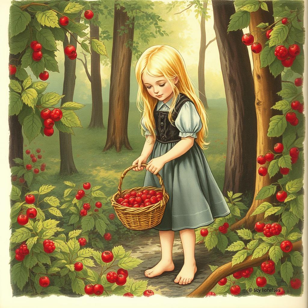 A vintage book illustration depicting a young peasant girl collecting berries in the forest