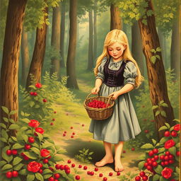 A vintage book illustration depicting a young peasant girl collecting berries in the forest