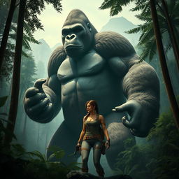 A gigantic, towering King Kong with a muscular build grabbing Lara Croft delicately in his enormous hand