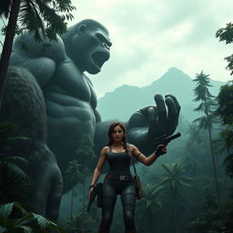 A gigantic, towering King Kong with a muscular build grabbing Lara Croft delicately in his enormous hand